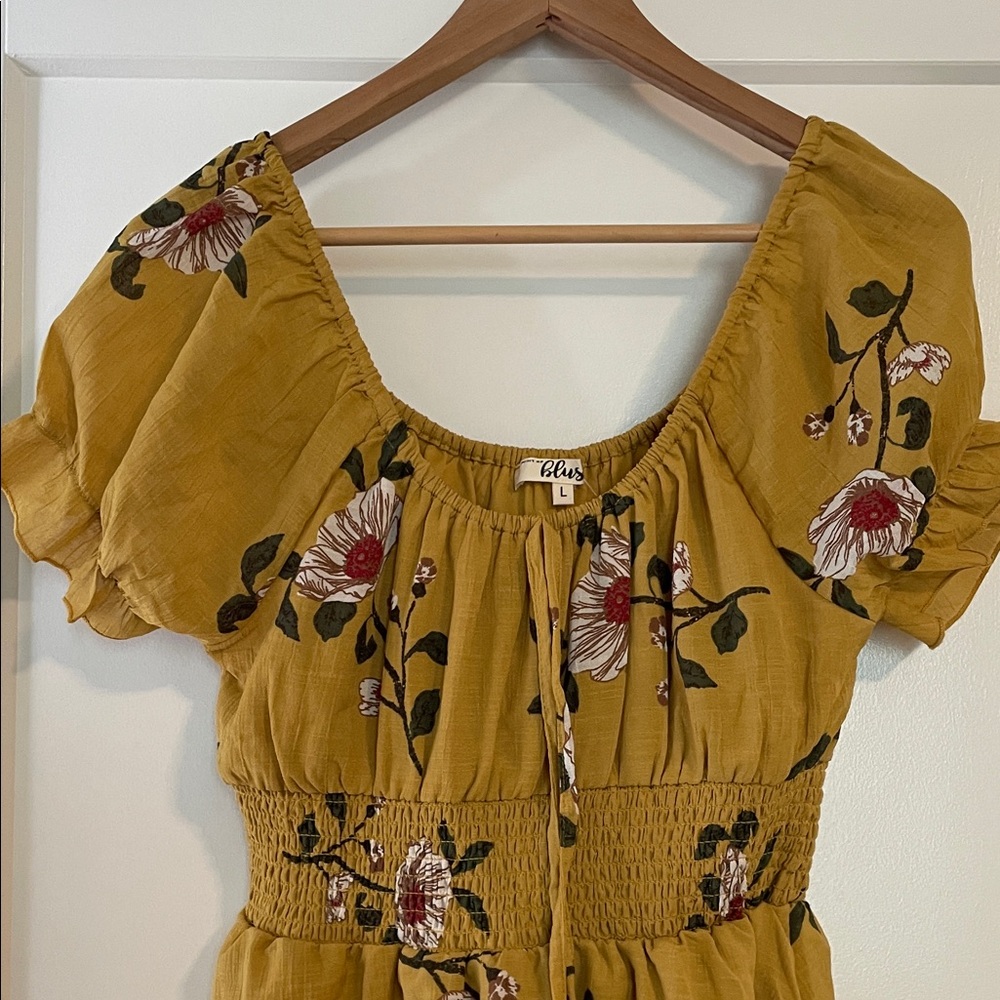 Blush Floral Mustard Smocked Waist Dress, tassels, lined, L, NWT